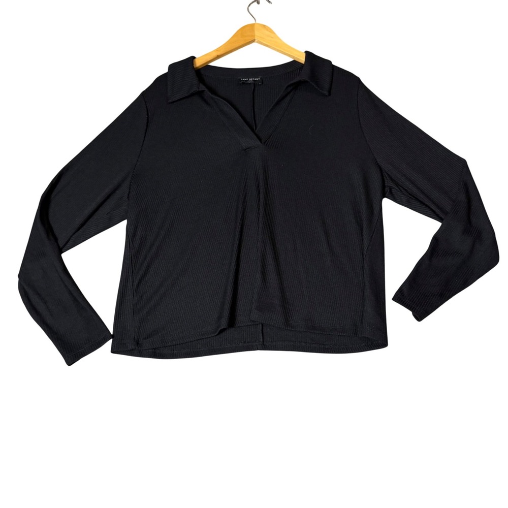 Lane Bryant Womens Black Ribbed Long Sleeve Polo V-Neck Top Size 18/20 Plus